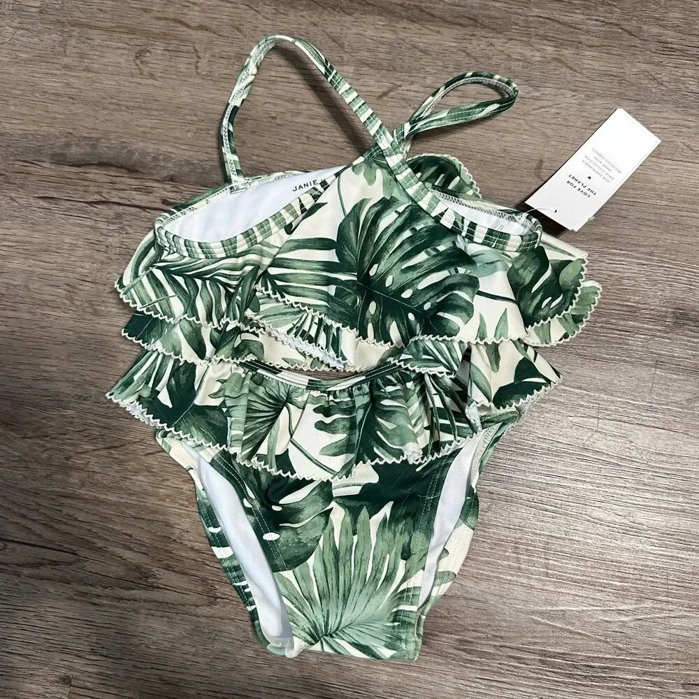 NWT Janie and Jack Girls 18-24 Months Swimsuit Palm Ruffle Halter 2-Piece Green